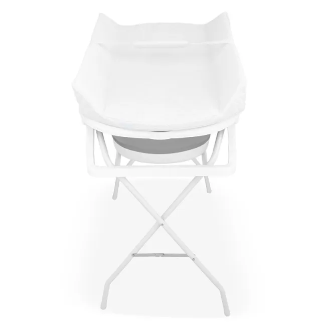 Cadita de baie pliabila, Qmini, Foldy Pro Care, Cu suport metalic si masuta de infasat, Cu termometru electronic, Cu dop si furtun pentru scurgere, Antiderapanta, 80&times;49 cm, Alb/Gri BYNFG2205