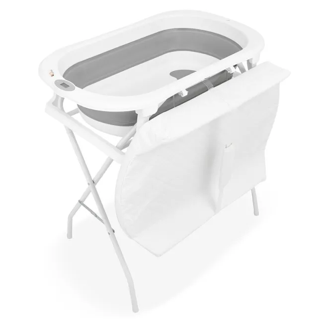 Cadita de baie pliabila, Qmini, Foldy Pro Care, Cu suport metalic si masuta de infasat, Cu termometru electronic, Cu dop si furtun pentru scurgere, Antiderapanta, 80&times;49 cm, Alb/Gri BYNFG2205