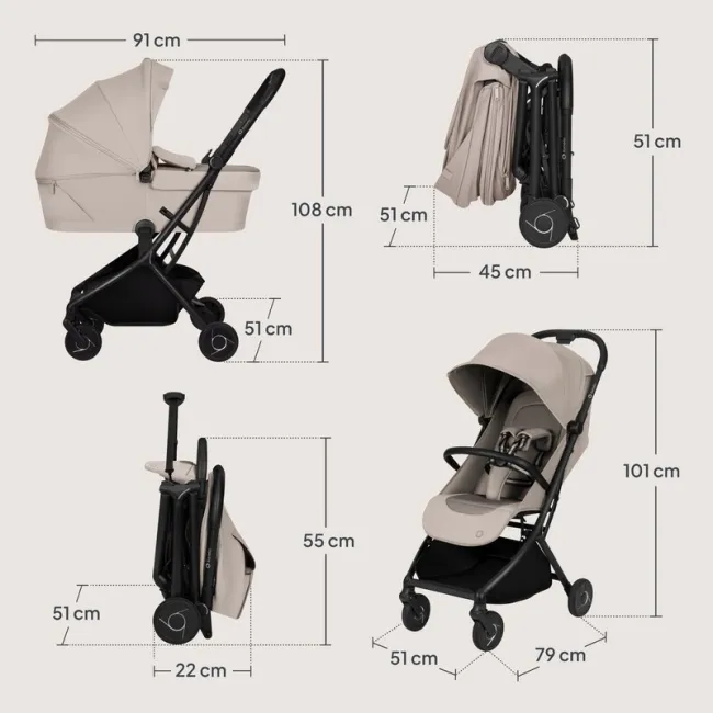Carucior 2 in 1, Lionelo, Sia Flex, 7.6 kg, Include landou pliabil pe cadru, Ultracompact, Pliere rapida cu o mana, Copertina UPF50+, Cu accesorii incluse, 0-48 luni, Sustine 22 kg, Bej BYNLO-SIA_FLEX_BEIGE_SAND