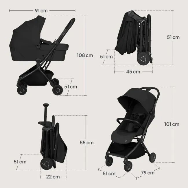 Carucior 2 in 1, Lionelo, Sia Flex, 7.6 kg, Include landou pliabil pe cadru, Ultracompact, Pliere rapida cu o mana, Copertina UPF50+, Cu accesorii incluse, 0-48 luni, Sustine 22 kg, Negru BYNLO-SIA_FLEX_BLACK_ONYX
