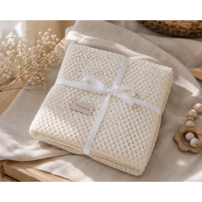 Paturica Tricotata Din Bambus Si Bumbac Babyly, Silky Soft, 80x100cm, Cream Shell, Termoreglatoare, Certificata Pjbc446