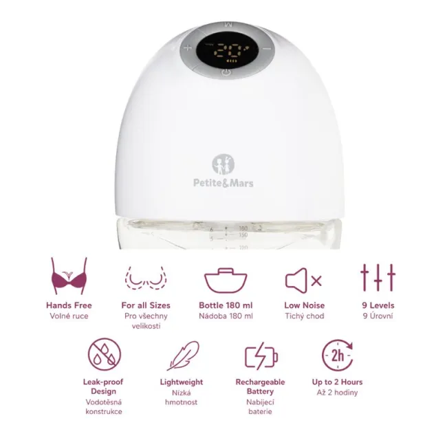 Pompa de san, Petite&Mars, Gaia Duo, Portabila, Cu 3 moduri, Panou control, Autonomie pana la 2.5 h, 9 functii de masaj, Silentioasa- 55db, Capacitate 180 ml, Alb BYN327035