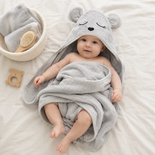 Prosop Bebelusi Din Bambus Cu Gluga Babysteps, Gri Teddy, Ultra Absorbant, Delicat Pentru Pielea Sensibila Pjbc61158