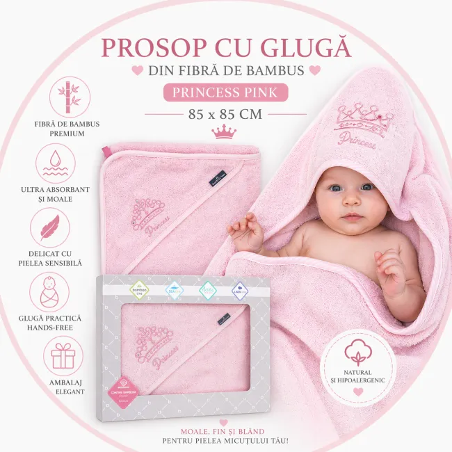 Prosop Din Fibra De Bambus Cu Gluga Pentru Bebelusi Si Copii, Hands-free, Princess Pink, 85x85cm Pjb31030