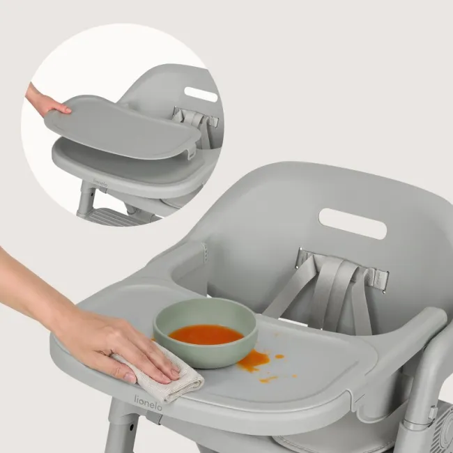 Scaun de masa, Lionelo, Matt, 3 in 1, Pliabil, Cu tava detasabila, Cu centuri de siguranta in 5 puncte, Suport pentru picioare si sezut reglabile, Pana la 110 kg, 6 luni &ndash; adult, Gri BYNLO-MATT_GREY_STONE
