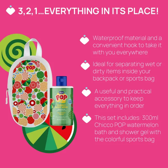 Set Chicco POP, gel de dus cu aroma de pepene si borseta, 300ml, 6ani+ CHC1281010-9