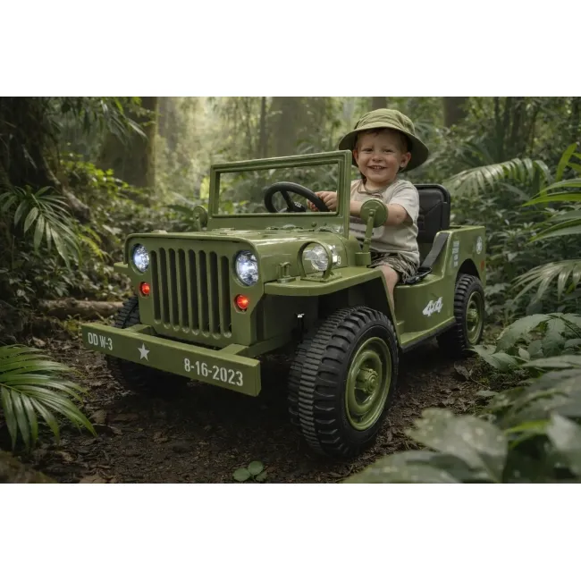 Jeep Electric Pentru Copii Willy 12v Verde Militar, Design Retro ,   Telecomanda 2.4g, 4 Motoare   3-5 Ani Pjbc4k103