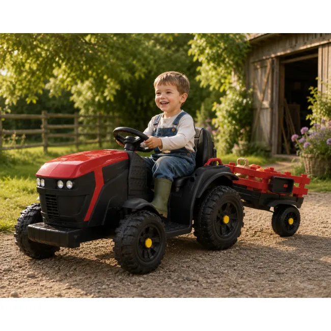 Tractor Electric Pentru Copii Farmer 12v Roe U, Cu Remorca Detae Abila E I Telecomanda 2.4g ,   Roti Eva, Scaun Piele   3-6 Ani Pjbc4k0925rood
