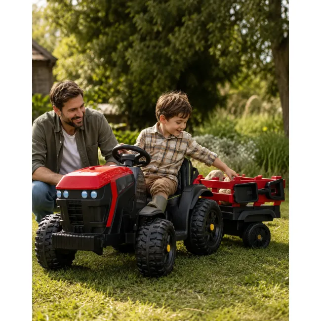 Tractor Electric Pentru Copii Farmer 12v Roe U, Cu Remorca Detae Abila E I Telecomanda 2.4g ,   Roti Eva, Scaun Piele   3-6 Ani Pjbc4k0925rood