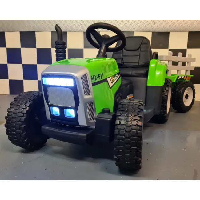 Tractor Electric Pentru Copii Mx-611 12v Verde, Cu Remorca Detae Abila, Bluetooth E I Telecomanda 2.4g ,   Roti Cauciuc, Scaun Piele   2,5-5 Ani Pjbc4k611groen