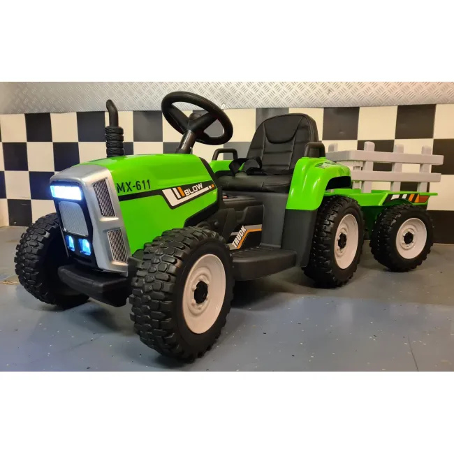 Tractor Electric Pentru Copii Mx-611 12v Verde, Cu Remorca Detae Abila, Bluetooth E I Telecomanda 2.4g ,   Roti Cauciuc, Scaun Piele   2,5-5 Ani Pjbc4k611groen