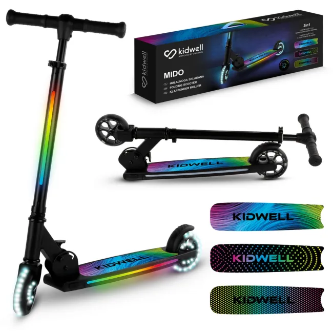 Trotineta Cu 2 Roti Pentru Copii, 3in1, Pliabila, Reglabila, Cu Iluminare Led Incorporata, Mido Black, 5 Ani+, Pana La 100 Kg, Kidwell Pjbhuskmid01a0