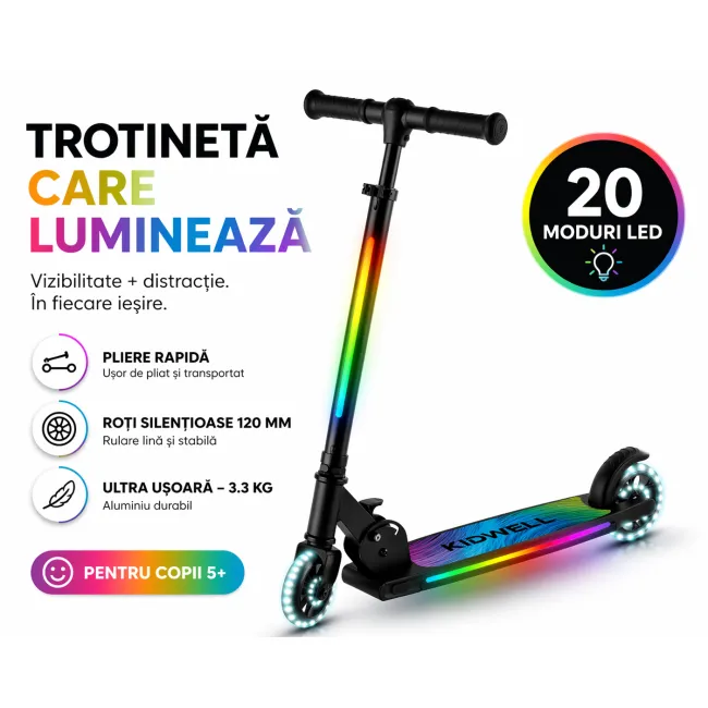 Trotineta Cu 2 Roti Pentru Copii, 3in1, Pliabila, Reglabila, Cu Iluminare Led Incorporata, Mido Black, 5 Ani+, Pana La 100 Kg, Kidwell Pjbhuskmid01a0