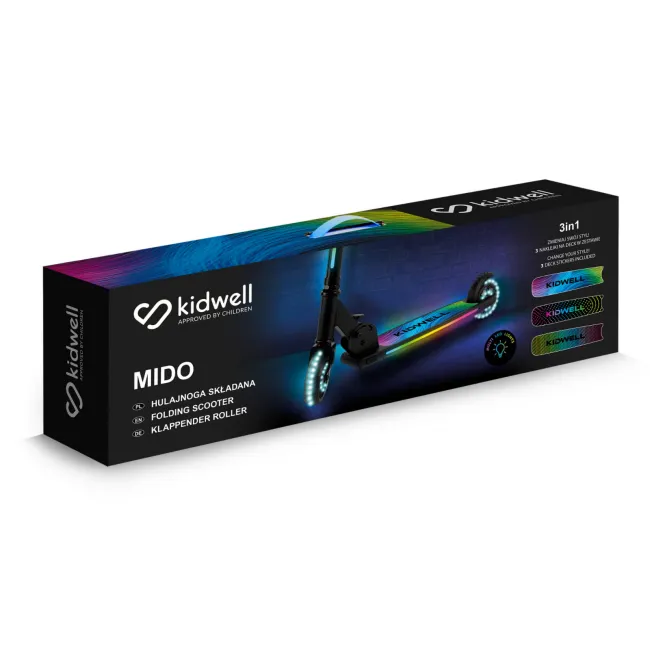 Trotineta Cu 2 Roti Pentru Copii, 3in1, Pliabila, Reglabila, Cu Iluminare Led Incorporata, Mido Black, 5 Ani+, Pana La 100 Kg, Kidwell Pjbhuskmid01a0