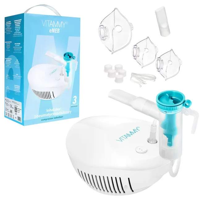 Aparat de aerosoli Vitammy eNEB, nebulizator cu compresor, 3 moduri de nebulizare, 3 masti, piesa bucala, furtun de 1.6 m, 5 filtre aer, oprire automata BITVitammyeNEB