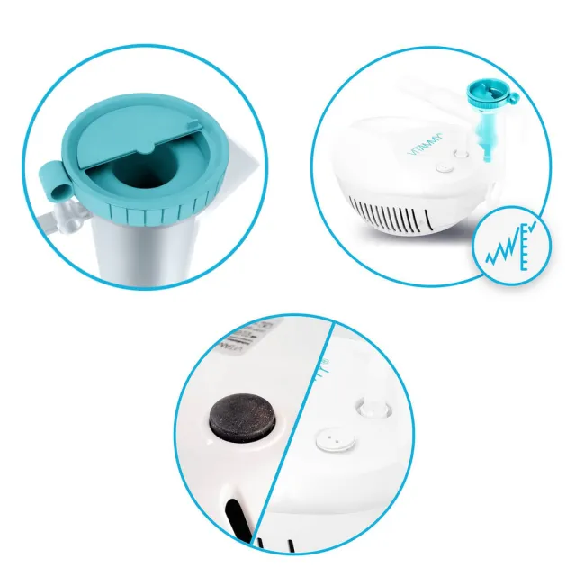 Aparat de aerosoli Vitammy eNEB, nebulizator cu compresor, 3 moduri de nebulizare, 3 masti, piesa bucala, furtun de 1.6 m, 5 filtre aer, oprire automata BITVitammyeNEB