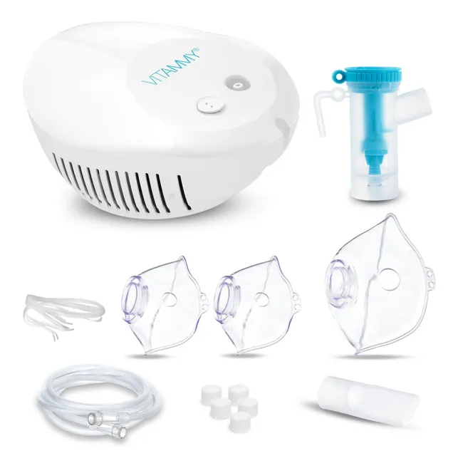 Aparat de aerosoli Vitammy eNEB, nebulizator cu compresor, 3 moduri de nebulizare, 3 masti, piesa bucala, furtun de 1.6 m, 5 filtre aer, oprire automata BITVitammyeNEB