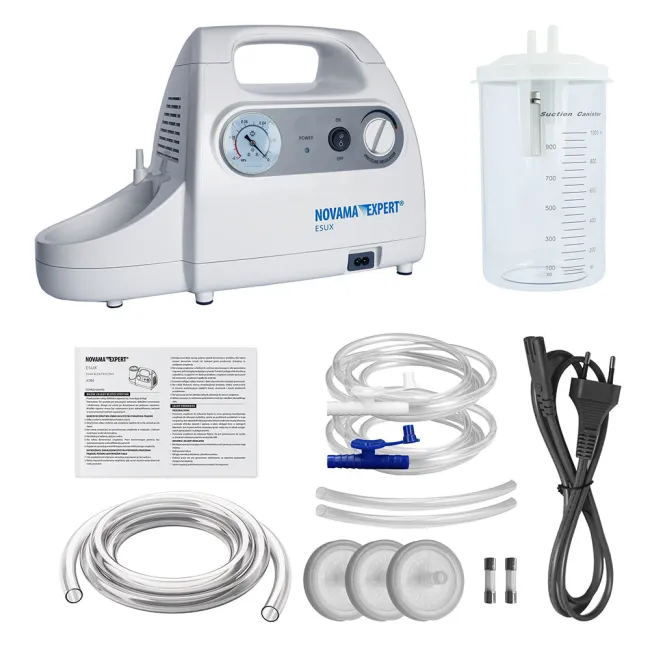 Aspirator electric Novama Expert ESUX 7E-C, cu pompa fara ulei, destinat aspirarii eficiente a lichidelor biologice, vacuum maxim 75 kPa, recipient 1000 ml, functionare silentioasa, 2 catetere, filtre BITNovamaExpertESUX7EC