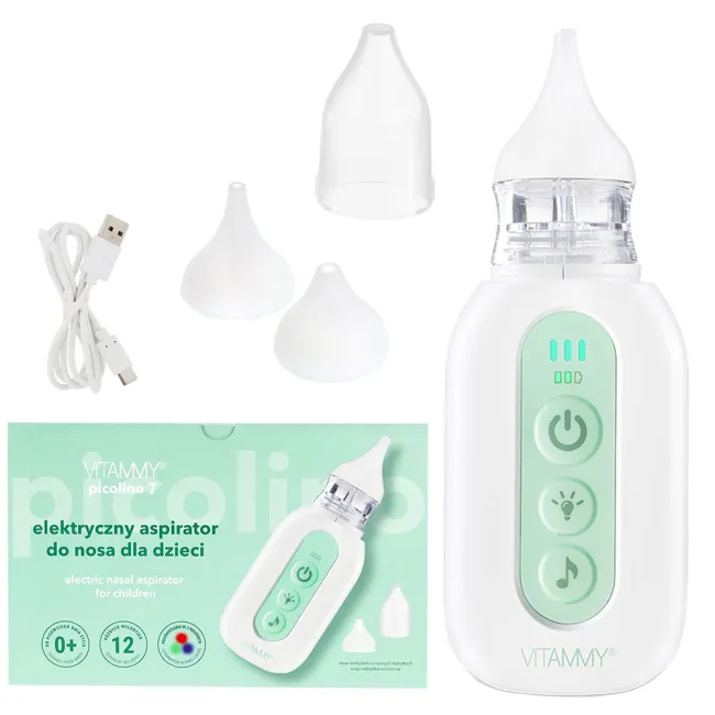 Aspirator nazal electric Vitammy Picolino 7, pentru copii din prima zi de viata, 2 capete de schimb, 3 niveluri de putere, 12 melodii, iluminare colorata, incarcare USB-C BITVitammyPicolino7