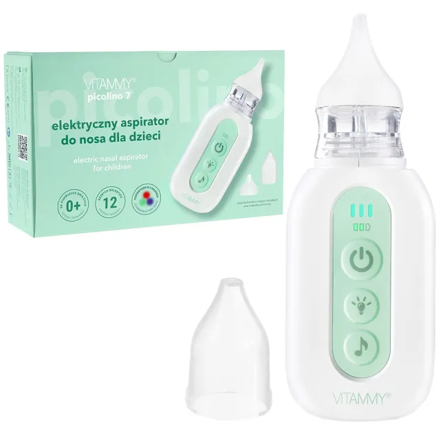 Aspirator nazal electric Vitammy Picolino 7, pentru copii din prima zi de viata, 2 capete de schimb, 3 niveluri de putere, 12 melodii, iluminare colorata, incarcare USB-C BITVitammyPicolino7