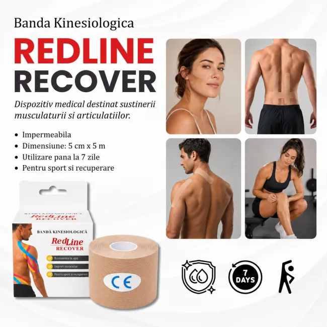 Banda Kinesiologica RedLine Recover Bej, impermeabila, fara latex, 5 cm x 5 m BITRedLineRecoverBej