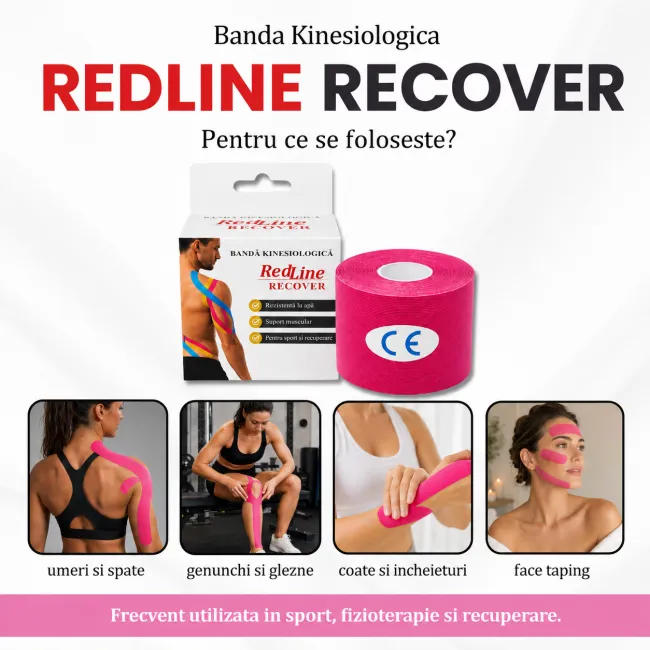 Banda Kinesiologica RedLine Recover Roz, impermeabila, fara latex, 5 cm x 5 m BITRedLineRecoverRoz