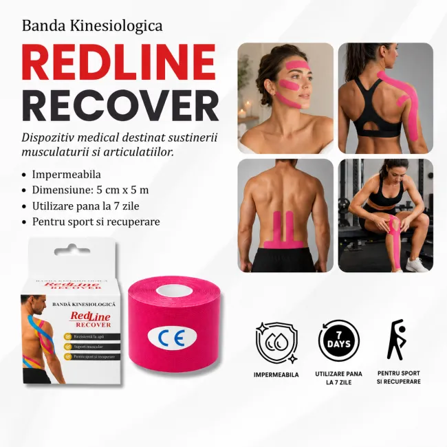 Banda Kinesiologica RedLine Recover Roz, impermeabila, fara latex, 5 cm x 5 m BITRedLineRecoverRoz