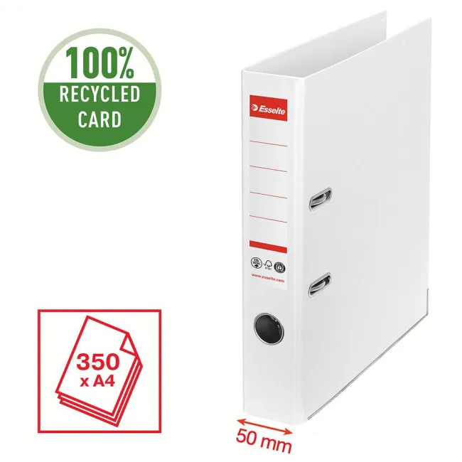 Biblioraft Esselte No.1 Power Recycled, carton, 100% reciclat, reciclabil, certificare FSC, A4, 50 mm, alb BPTCSL007577