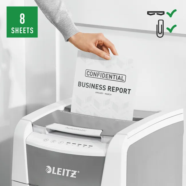Distrugator documente automat Leitz IQ Small Office P4, crosscut 100 coli, cos 34l, alb/gri BPTCSL011000