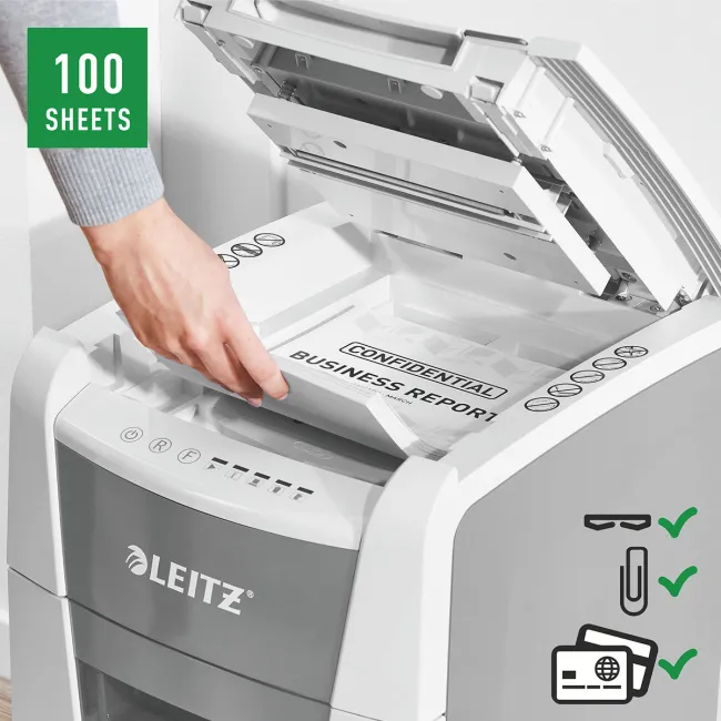 Distrugator documente automat Leitz IQ Small Office P4, crosscut 100 coli, cos 34l, alb/gri BPTCSL011000