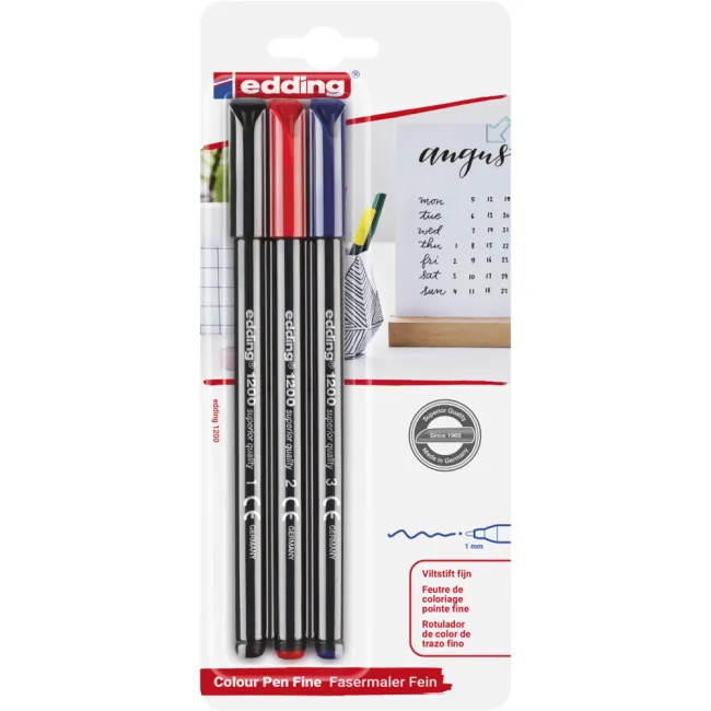 Edding 1200 set 3 markere, varf rotund, 1 mm, culori: negru, rosu, albastru, blister BPTCED120033