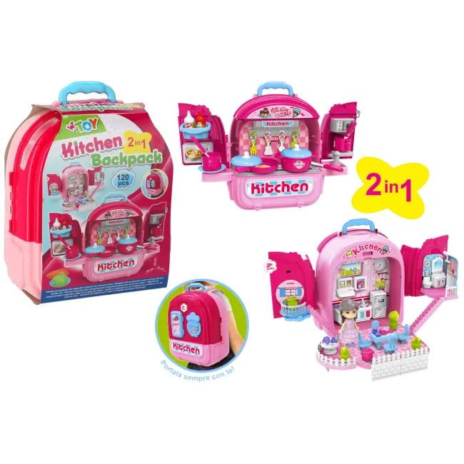 Jucarie fetite, Rucsac 2 in 1, ustensile bucatarie si casuta papusi utilata, 25 cm inaltime