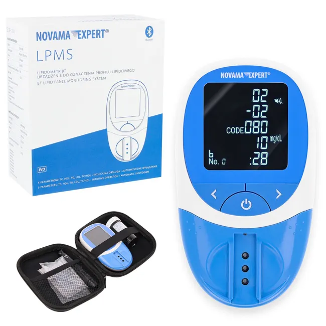 Lipidometru Novama Expert LPMS, analizor profil lipidic TC HDL LDL TG, memorie 1000 teste, 10 benzi testare cu calibrare, lancete sterile, dispozitiv de intepare, capilare, etui BITNovamaExpertLPMS