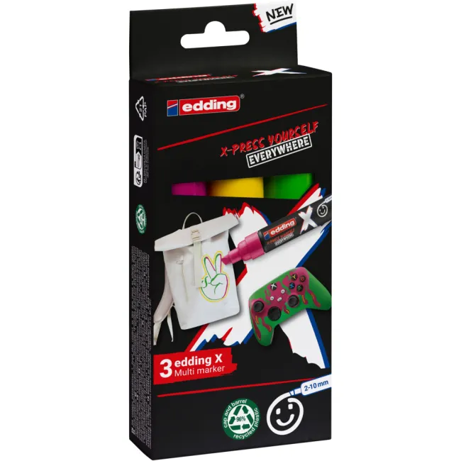 Marker Edding 6900 X multi, set 3 bucati, vopsea acrilica, varf tesit 2-10 mm, culori: rosu, galben, verde BPTCED690003