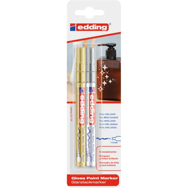 Marker cu vopsea Edding 751, corp metalic, varf rotund 1-2 mm, pachet 2 bucati auriu/argintiu BPTCED7515354