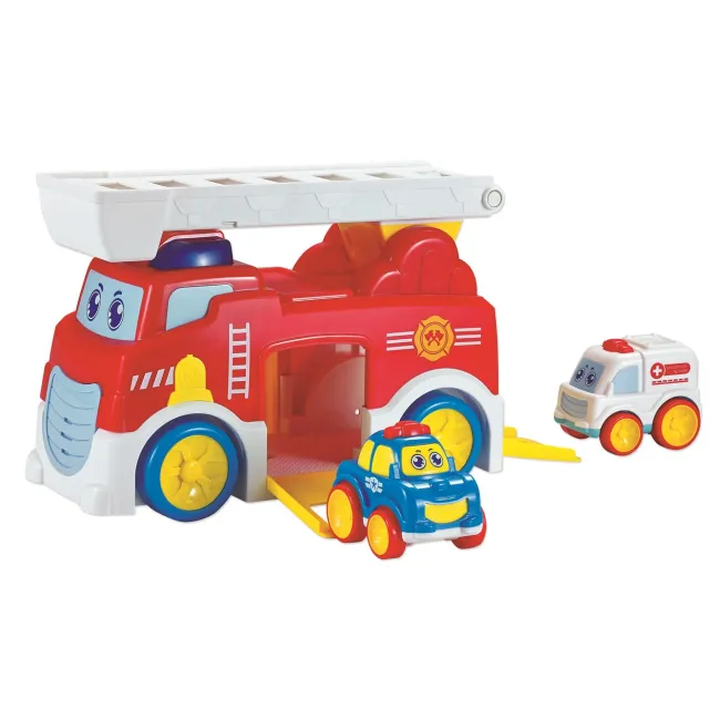 Masina de pompieri RS Toys, cu 2 vehicule incluse, lumini, sunete si melodii