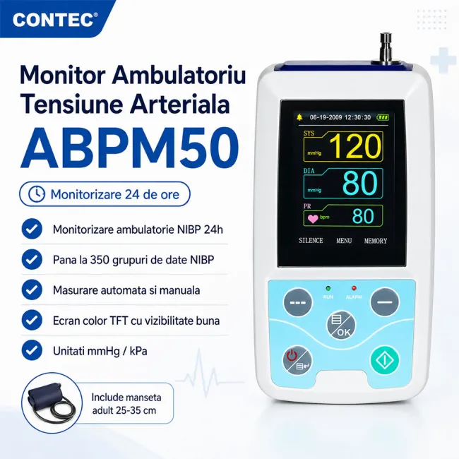 Monitor ambulatoriu de tensiune arteriala Contec ABPM50, de tip NIBP Holter, inregistrare 24 de ore, pana la 350 de grupuri de date NIBP, afisaj color TFT, functie gestionare alarme, manseta 25-35 cm BITContecABPM50