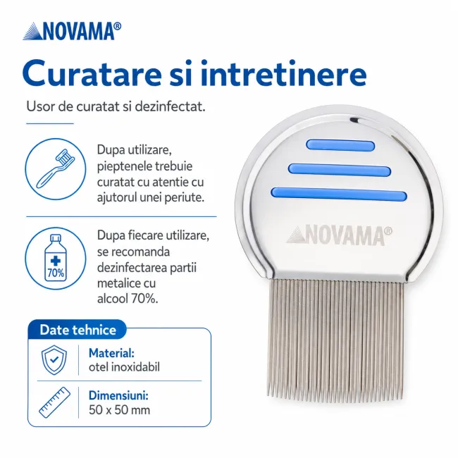 Pieptene Novama Licer pentru indepartarea paduchilor si a lindinilor, din otel inoxidabil, dinti lungi, 50 x 50 mm BITNovamaLicer