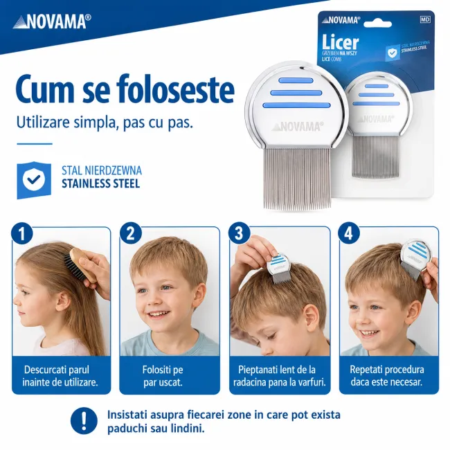 Pieptene Novama Licer pentru indepartarea paduchilor si a lindinilor, din otel inoxidabil, dinti lungi, 50 x 50 mm BITNovamaLicer