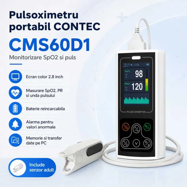 Pulsoximetru portabil Contec CMS60D1, masurare saturatie oxigen si rata pulsului, baterie reincarcabila, software pentru date stocate pe PC in timp real, functie alarma, senzor adulti BITContecCMS60D1