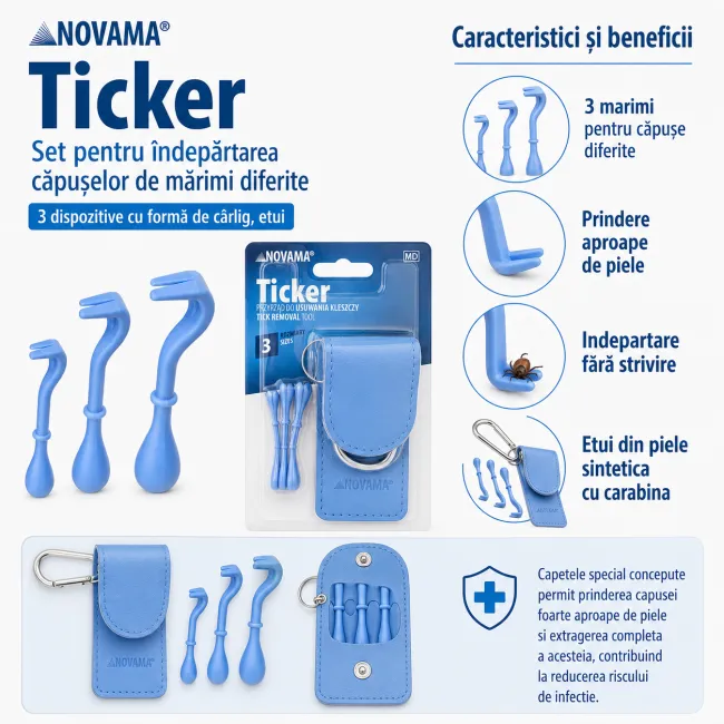 Set Novama Ticker pentru indepartarea capuselor de marimi diferite, 3 dispozitive cu forma de carlig, etui BITNovamaTicker