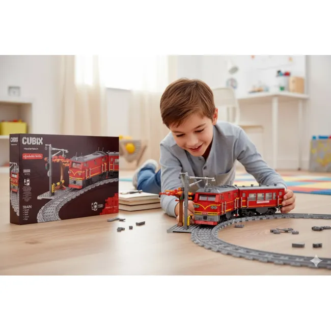 Set constructie cuburi mici, Trenulet electric, 1 vagon si 1 locomotiva, accesorii decor, traseu sine 80x83cm, 747 piese, incarcare locomotiva USB, varsta recomandata +10 ani