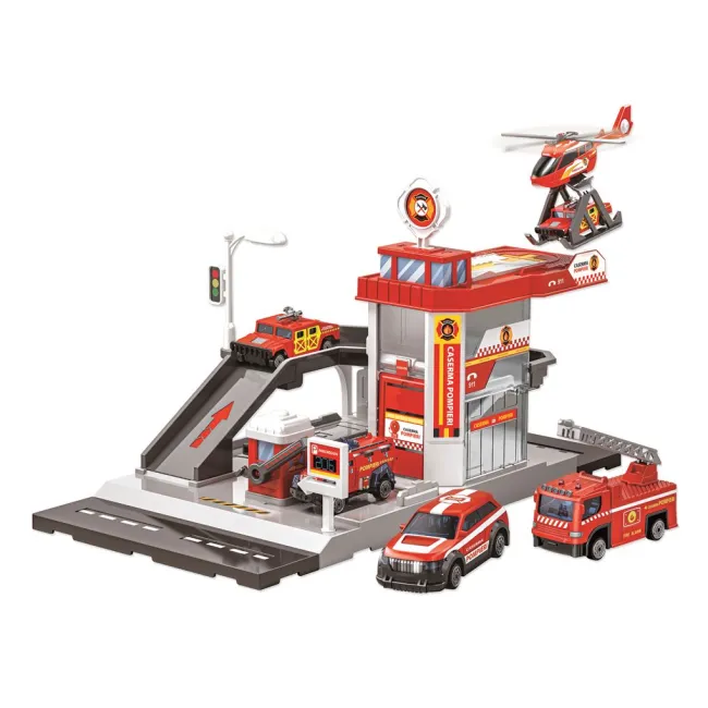Set joacă garaj pompieri cu mașini și elicopter, 3 ani+, multicolor, RS Toys