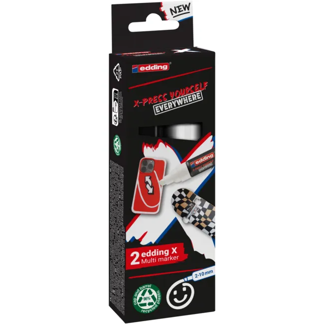 Set markere Edding 6900 X Multi, 2 bucati, vopsea acrilica, varf tesit 2-10 mm, culori alb si negru BPTCED690002