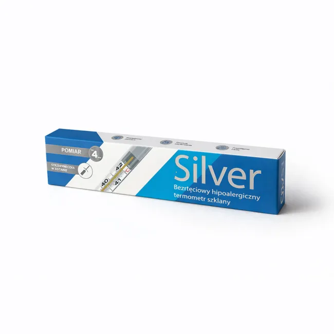Termometru clasic Sanity Silver, din sticla, hipoalergenic, fara mercur, nichel sau PVC, usor de utilizat, igienic, sigur BITSanitySilver