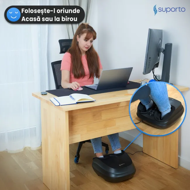 Aparat Masaj Picioare SUPORTO Reflexo Core cu Incalzire, Compresie si Telecomanda, Pentru relaxare Picior si Talpa, Beneficii de Reflexoterapie, Circulatie Imbunatatita, Role masat talpi si presopunctura, Tehnica Shiatsu, Negru SPTREFCORE