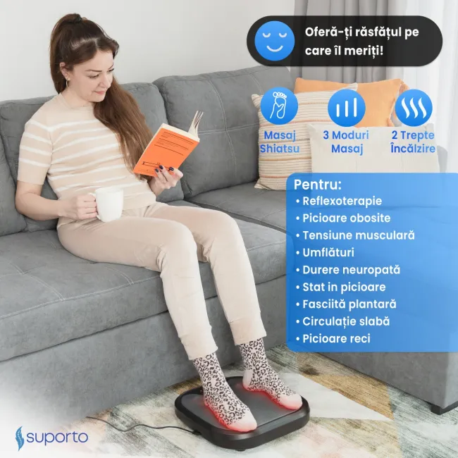 Aparat Masaj Picioare si Talpi SUPORTO Reflexo One, Reflexoterapie si Shiatsu, 3 Moduri de masat si Incalzire Terapeutica, Husa detasabila si lavabila, Negru SPTREFONE