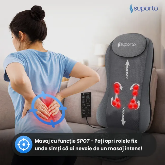 Aparat Masaj Spate SUPORTO Detenso 3D Max de tip Husa scaun de masaj cu Shiatsu si Vibromasaj, Perna Masaj cu Incalzire terapeutica, Reduce tensiunea si Relaxează Spatele, Functie Masaj 2D/3D, Cervical, Tintit, Rulare, Gri SPTDET3DMAX