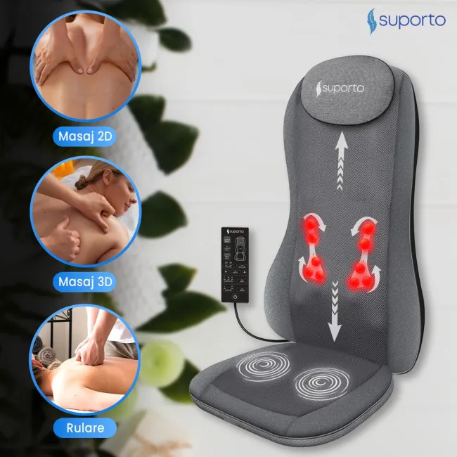 Aparat Masaj Spate SUPORTO Detenso 3D Max de tip Husa scaun de masaj cu Shiatsu si Vibromasaj, Perna Masaj cu Incalzire terapeutica, Reduce tensiunea si Relaxează Spatele, Functie Masaj 2D/3D, Cervical, Tintit, Rulare, Gri SPTDET3DMAX