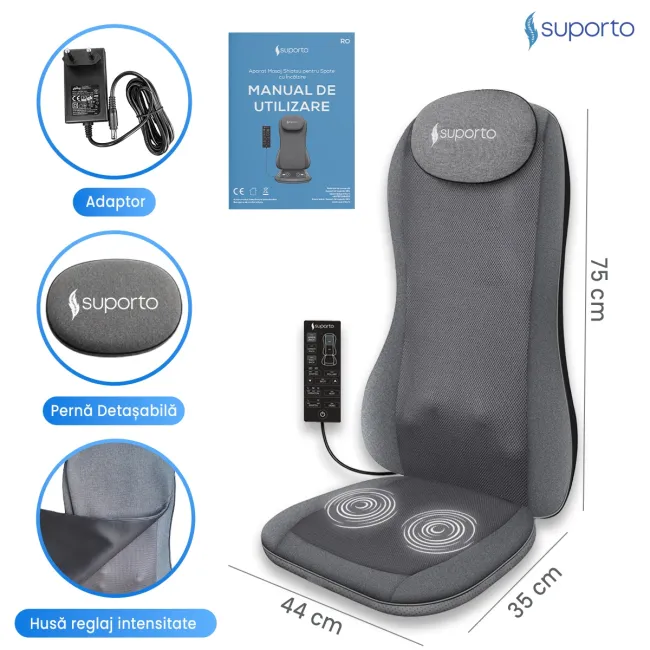 Aparat Masaj Spate SUPORTO Detenso 3D Max de tip Husa scaun de masaj cu Shiatsu si Vibromasaj, Perna Masaj cu Incalzire terapeutica, Reduce tensiunea si Relaxează Spatele, Functie Masaj 2D/3D, Cervical, Tintit, Rulare, Gri SPTDET3DMAX